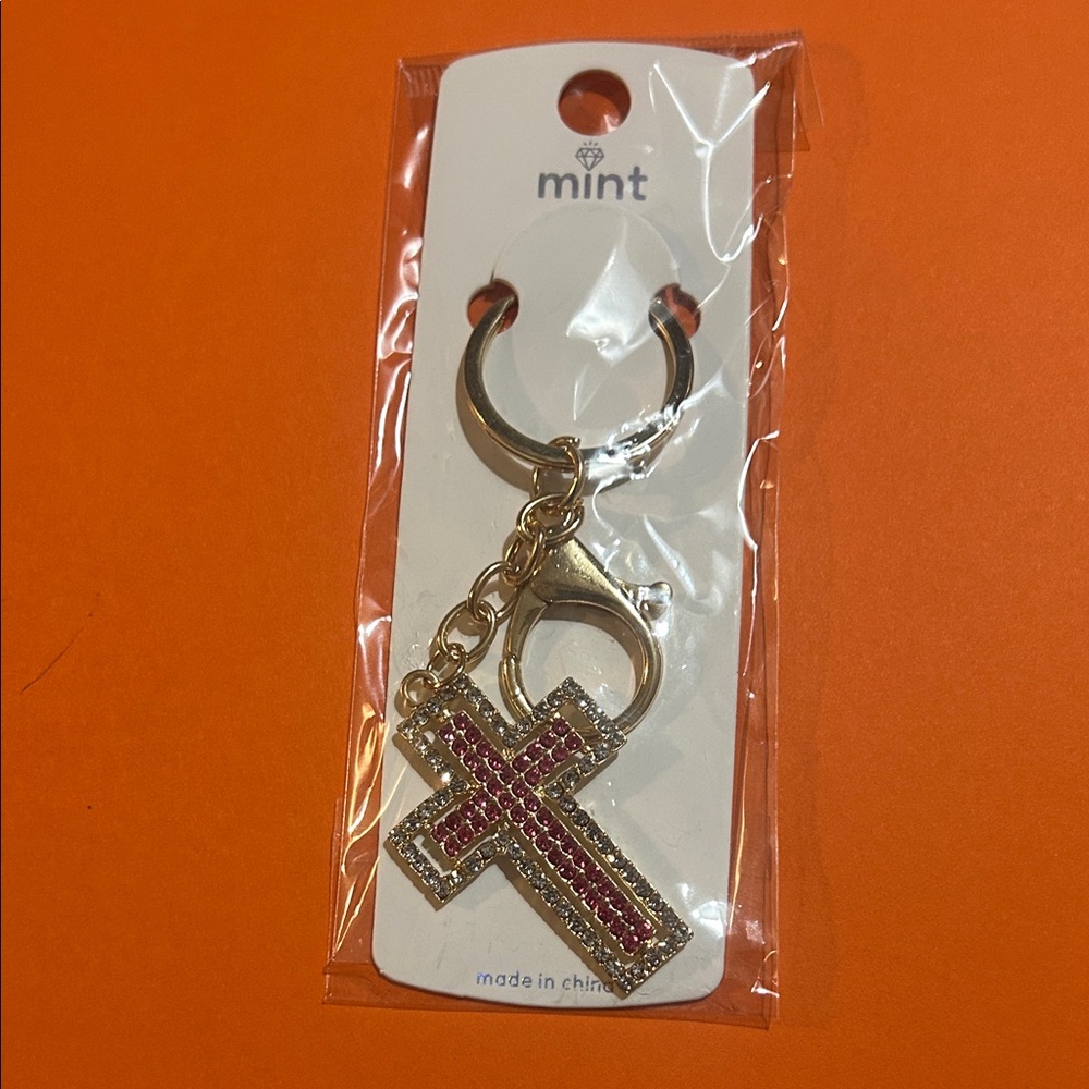 Mint Gold-tone Cross Keychain or bag charm with Pink Rhinestones